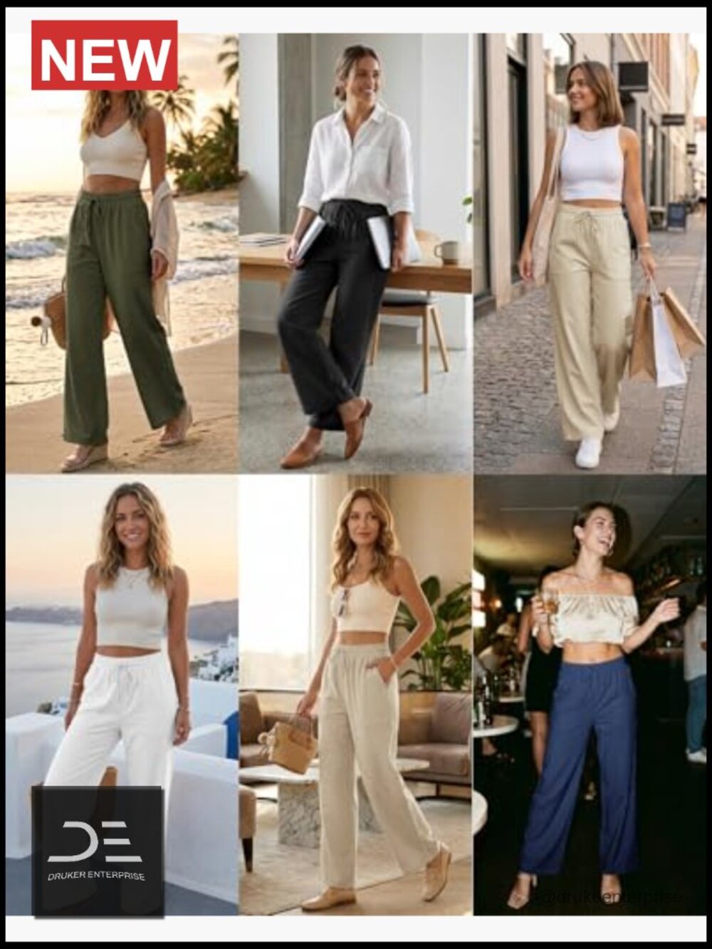 Wide Leg Palazzo Pants with Pockets Drawstring Flowy Beach Linen Trousers - Picture 6 of 6